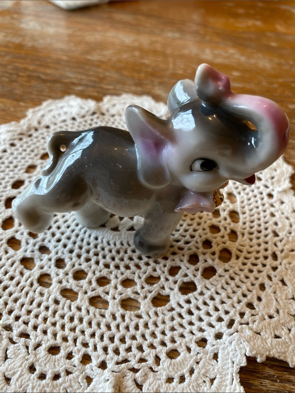 Vintage Grey and Pink Ceramic Baby Elephant Figurine